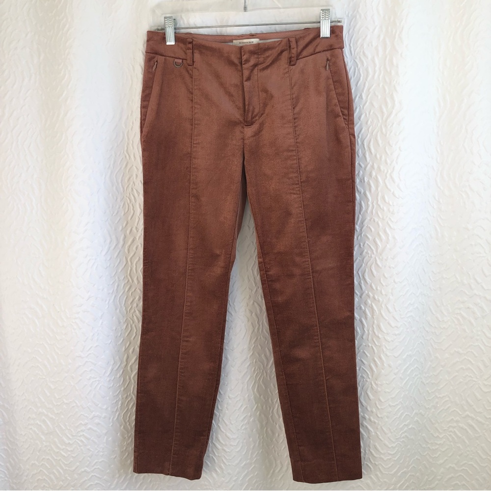 Anthropologie The Essential Velvet Slim Trousers Copper Brown Trouser Pants